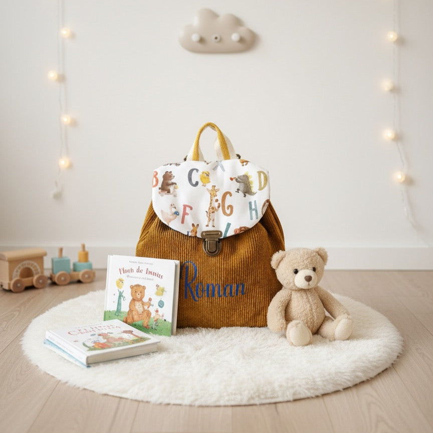 Sac à Dos Enfant Velours Côtelé Moutarde Personnalisé Roman - Maternelle & Crèche