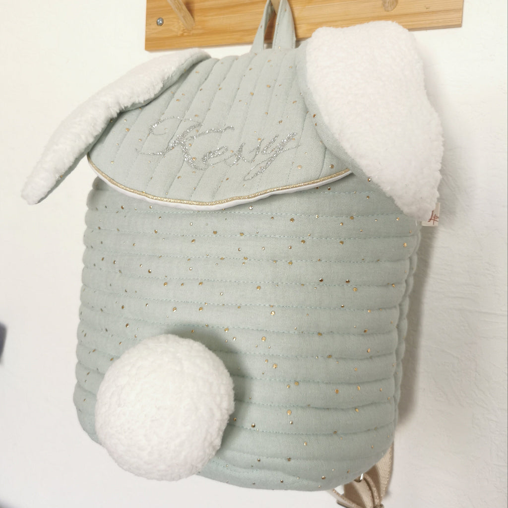 Sac à Dos Maternelle Lapin Vert d'Eau Matelassé Personnalisé - École & Crèche